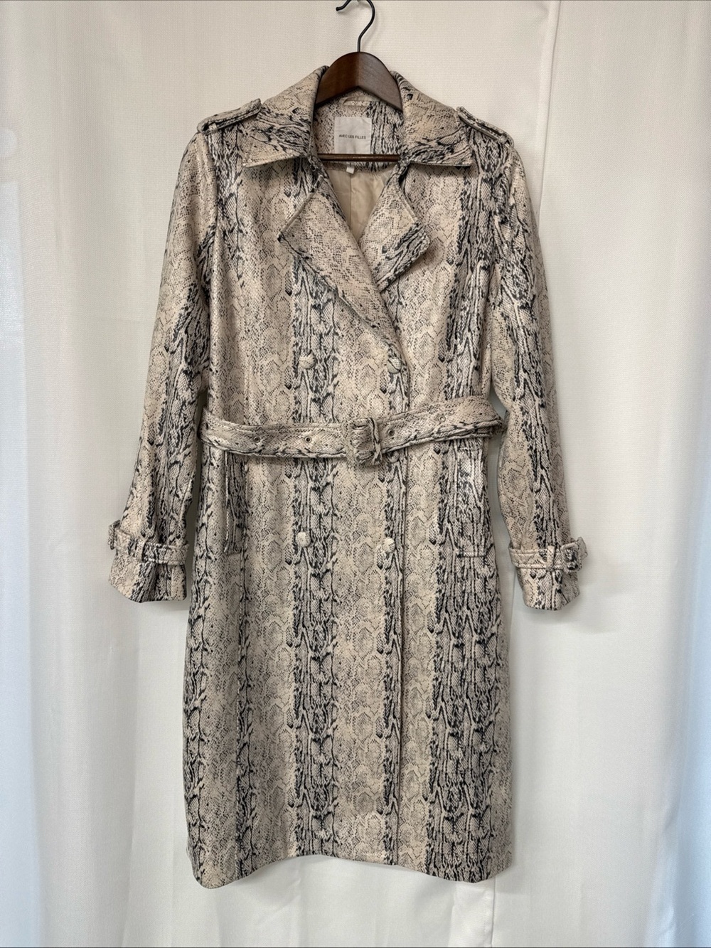 Anthropologie Avec Les Filles Python Print Trench Coat Sz L Double Breasted Belt